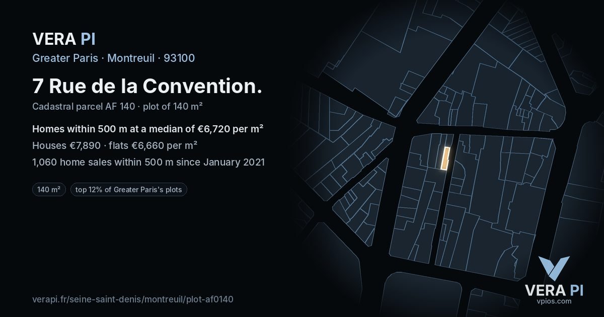 7 Rue de la Convention, Montreuil at night – the plot lit, the parcels around coloured by the prices near them