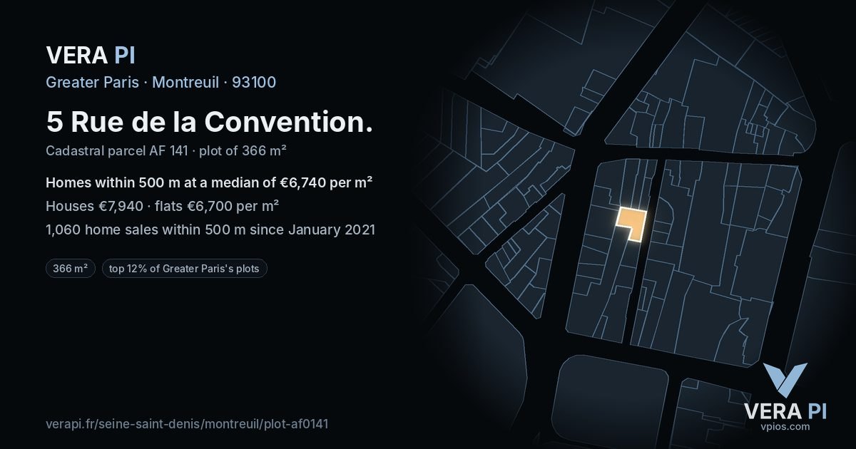 5 Rue de la Convention, Montreuil at night – the plot lit, the parcels around coloured by the prices near them