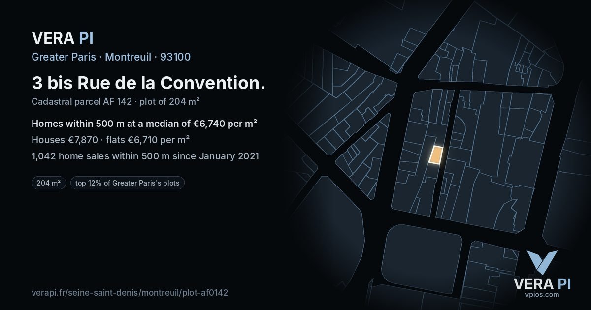 3 bis Rue de la Convention, Montreuil at night – the plot lit, the parcels around coloured by the prices near them