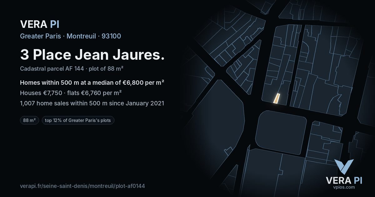 3 Place Jean Jaures, Montreuil at night – the plot lit, the parcels around coloured by the prices near them