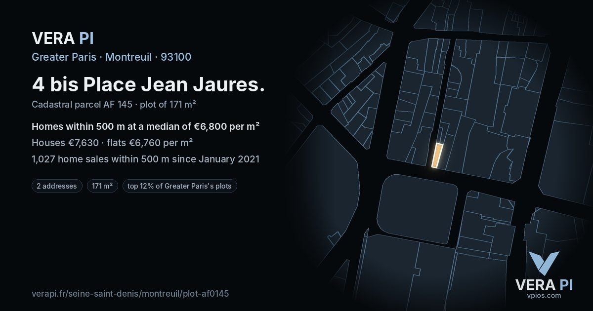 4 bis Place Jean Jaures, Montreuil at night – the plot lit, the parcels around coloured by the prices near them