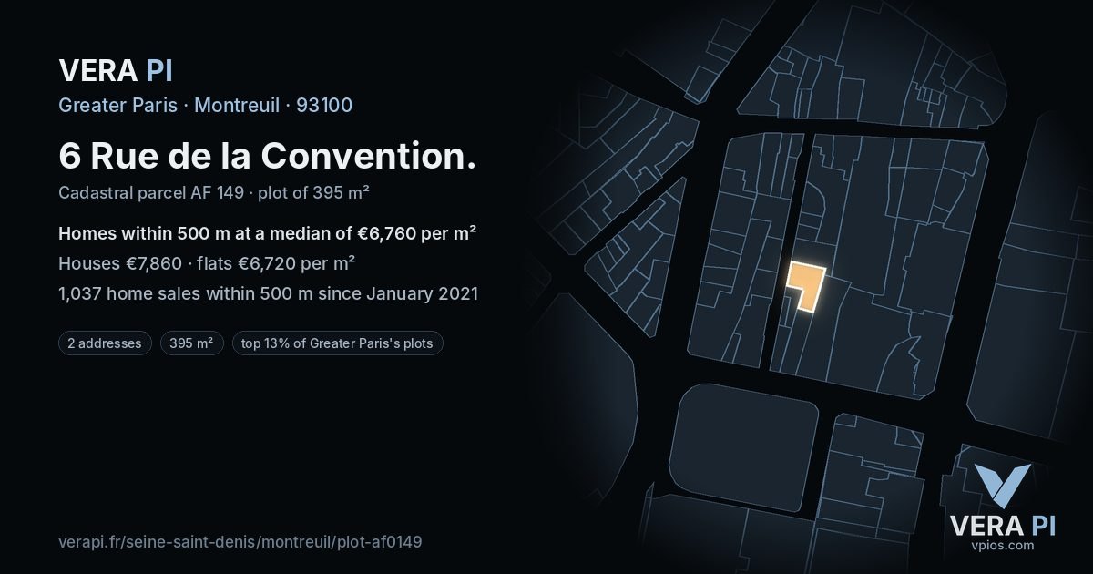 6 Rue de la Convention, Montreuil at night – the plot lit, the parcels around coloured by the prices near them