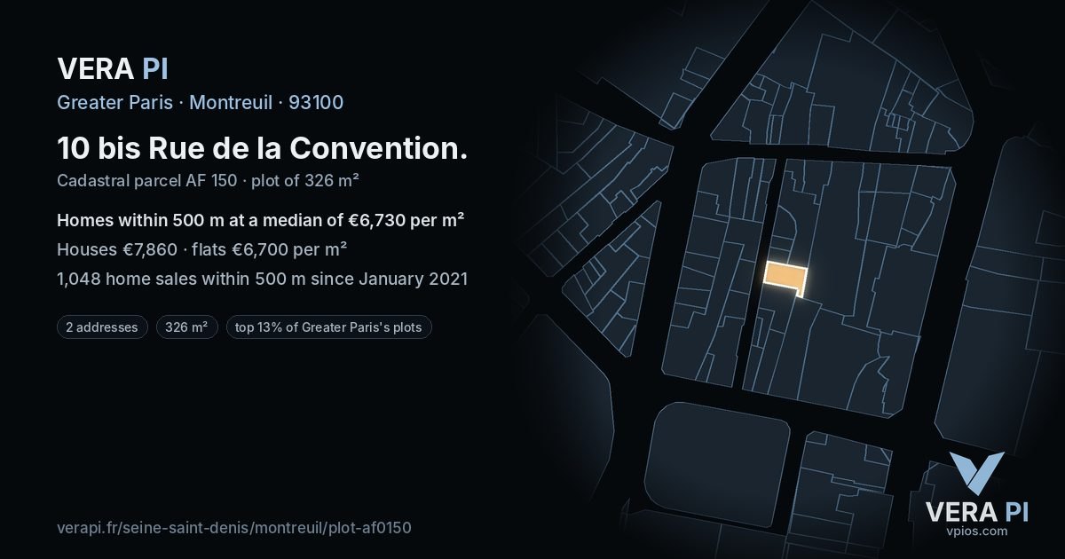 10 bis Rue de la Convention, Montreuil at night – the plot lit, the parcels around coloured by the prices near them