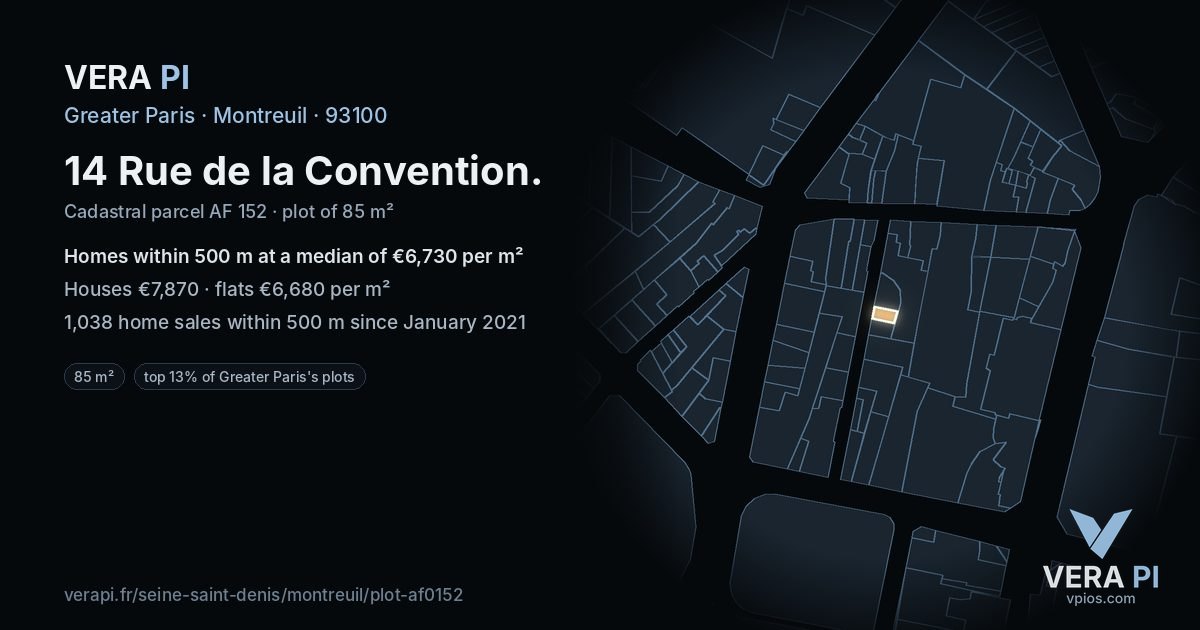 14 Rue de la Convention, Montreuil at night – the plot lit, the parcels around coloured by the prices near them