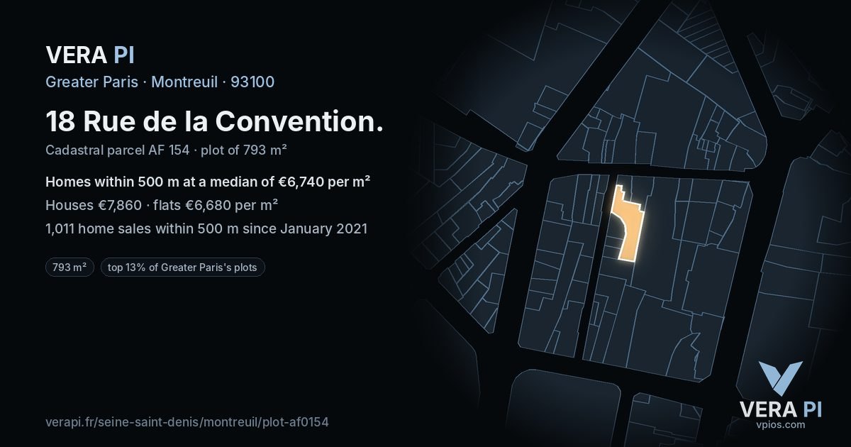 18 Rue de la Convention, Montreuil at night – the plot lit, the parcels around coloured by the prices near them