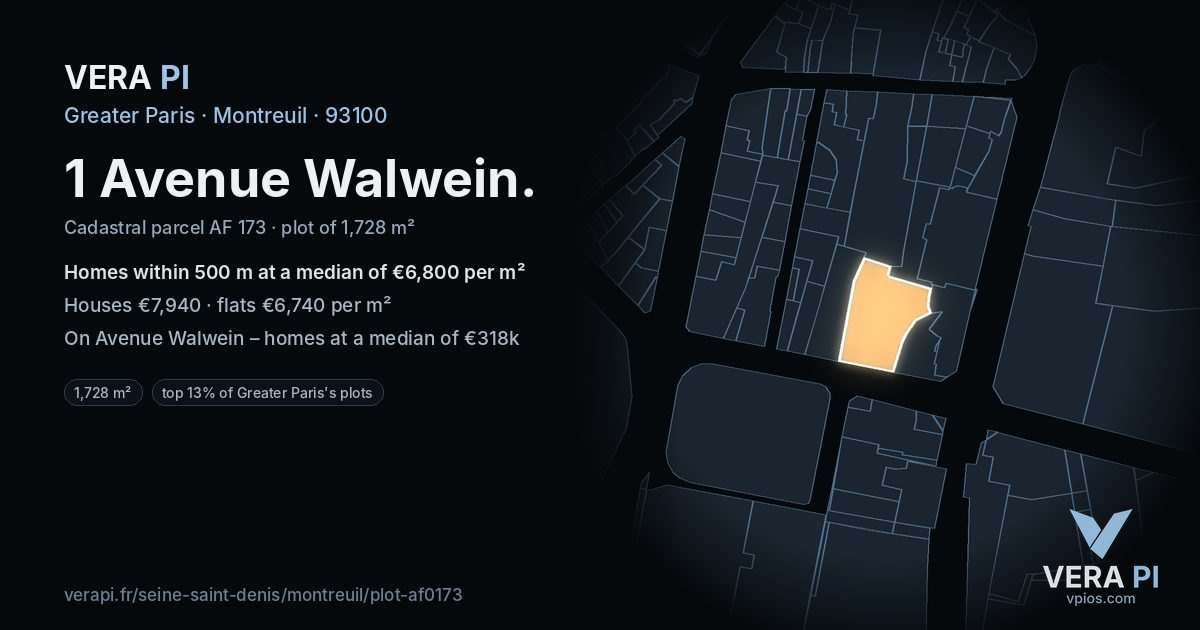 1 Avenue Walwein, Montreuil at night – the plot lit, the parcels around coloured by the prices near them