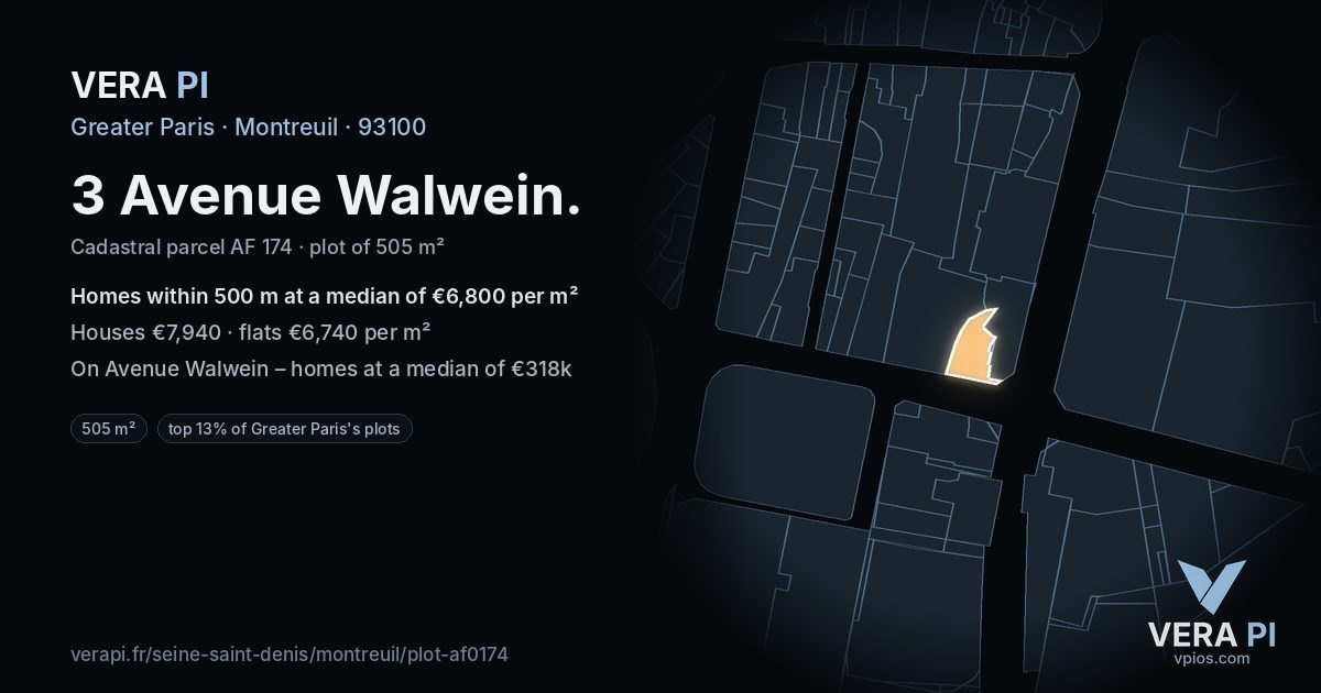 3 Avenue Walwein, Montreuil at night – the plot lit, the parcels around coloured by the prices near them