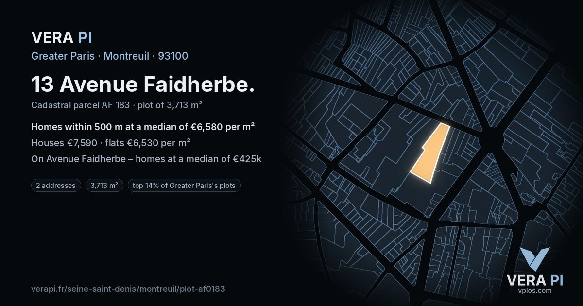 13 Avenue Faidherbe, Montreuil at night – the plot lit, the parcels around coloured by the prices near them