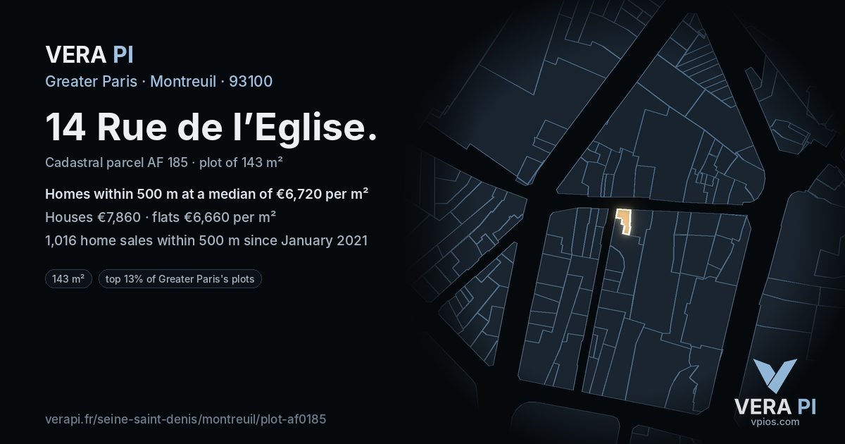 14 Rue de l’Eglise, Montreuil at night – the plot lit, the parcels around coloured by the prices near them
