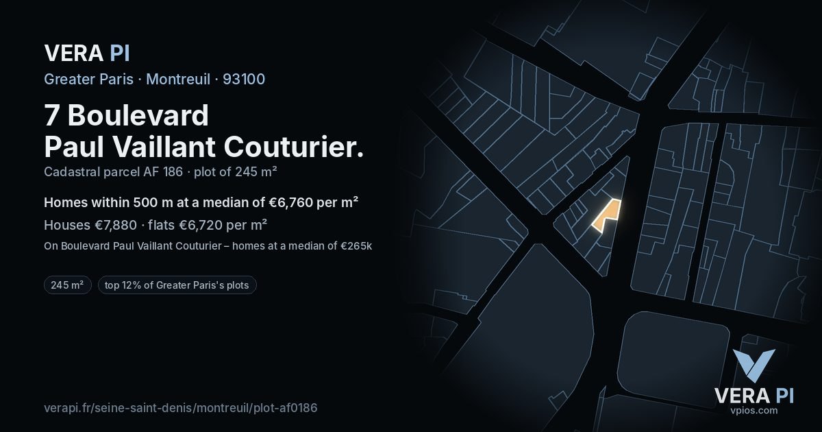 7 Boulevard Paul Vaillant Couturier, Montreuil at night – the plot lit, the parcels around coloured by the prices near them