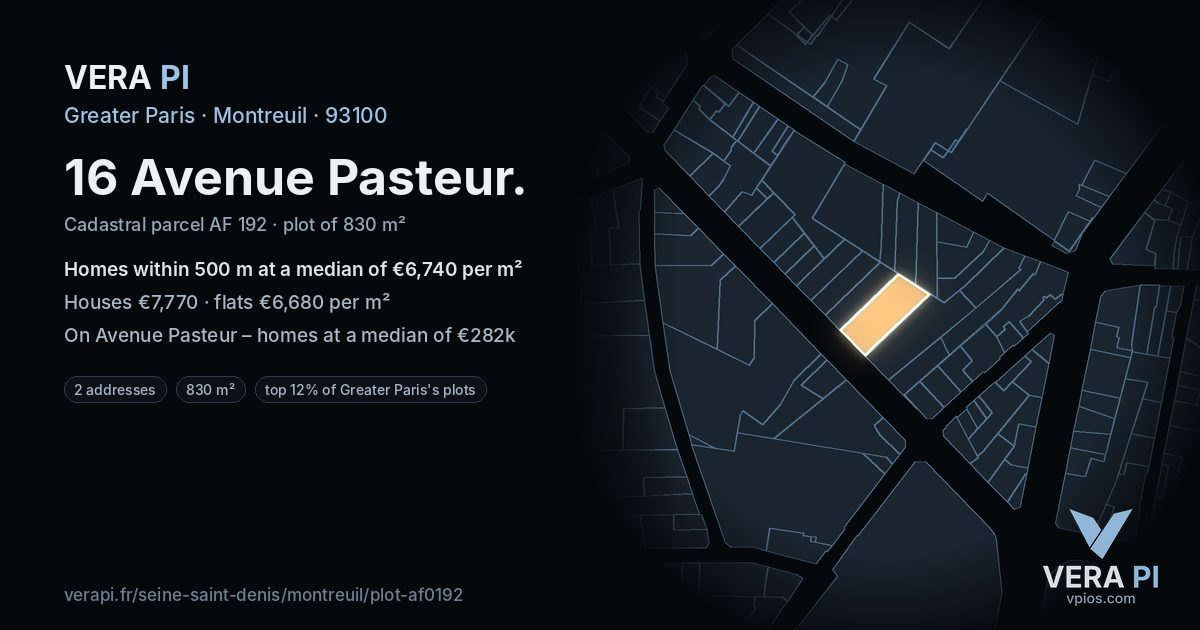 16 Avenue Pasteur, Montreuil at night – the plot lit, the parcels around coloured by the prices near them