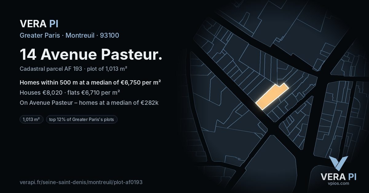 14 Avenue Pasteur, Montreuil at night – the plot lit, the parcels around coloured by the prices near them