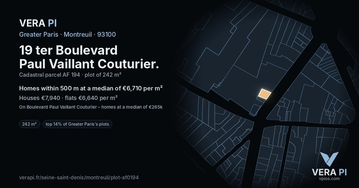 19 ter Boulevard Paul Vaillant Couturier, Montreuil at night – the plot lit, the parcels around coloured by the prices near them