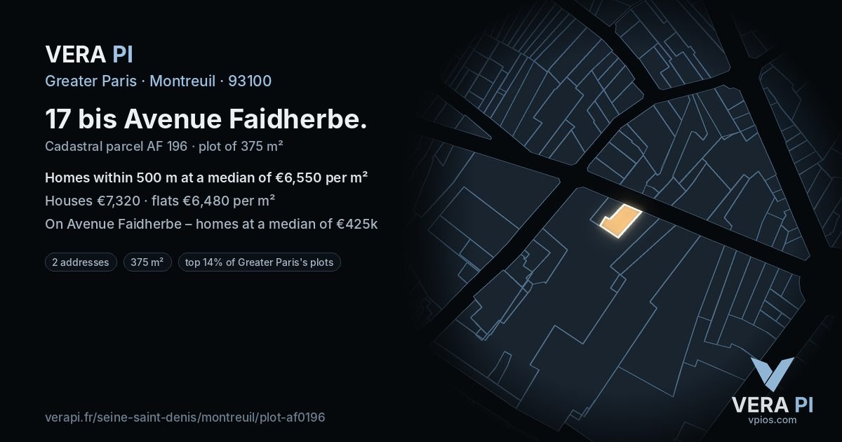 17 bis Avenue Faidherbe, Montreuil at night – the plot lit, the parcels around coloured by the prices near them