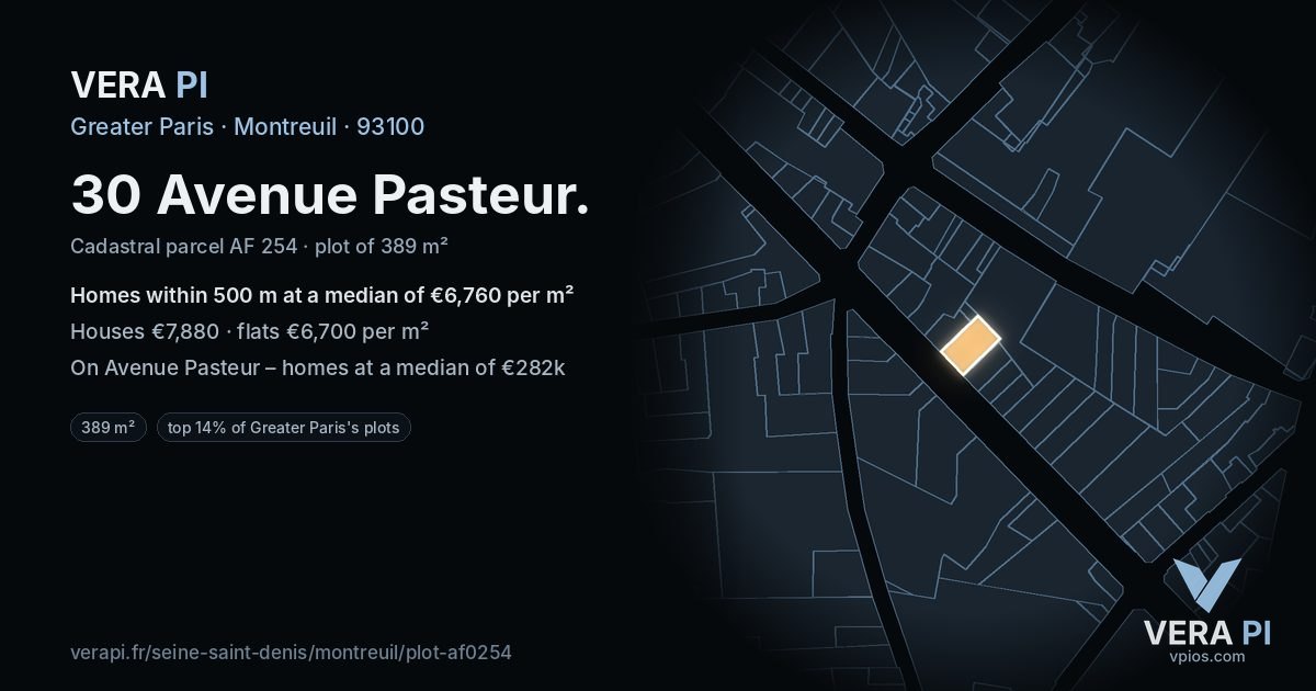 30 Avenue Pasteur, Montreuil at night – the plot lit, the parcels around coloured by the prices near them