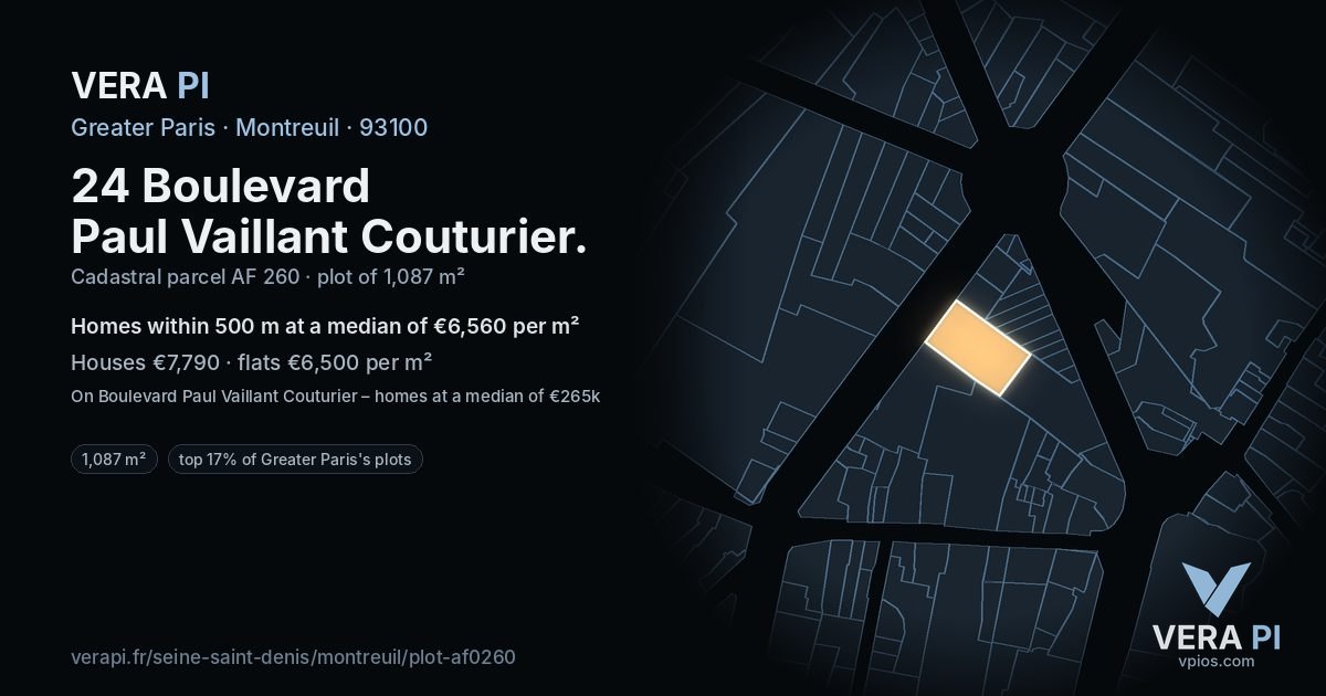 24 Boulevard Paul Vaillant Couturier, Montreuil at night – the plot lit, the parcels around coloured by the prices near them