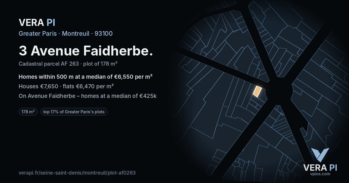 3 Avenue Faidherbe, Montreuil at night – the plot lit, the parcels around coloured by the prices near them