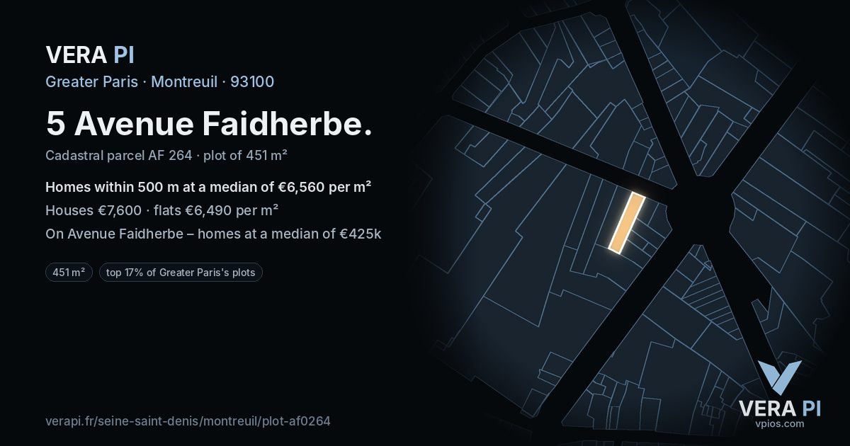 5 Avenue Faidherbe, Montreuil at night – the plot lit, the parcels around coloured by the prices near them