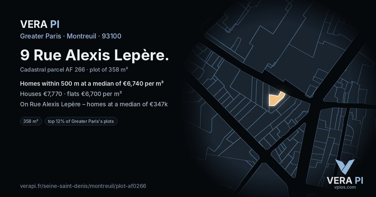 9 Rue Alexis Lepère, Montreuil at night – the plot lit, the parcels around coloured by the prices near them