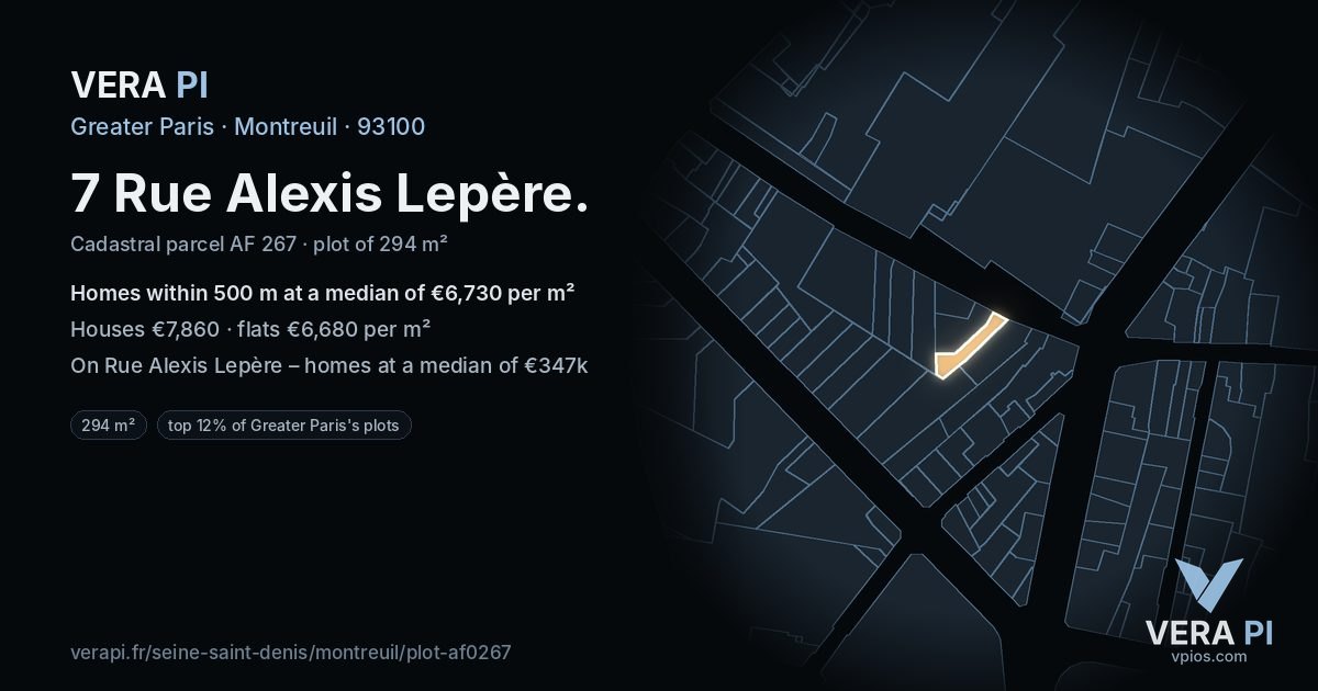 7 Rue Alexis Lepère, Montreuil at night – the plot lit, the parcels around coloured by the prices near them