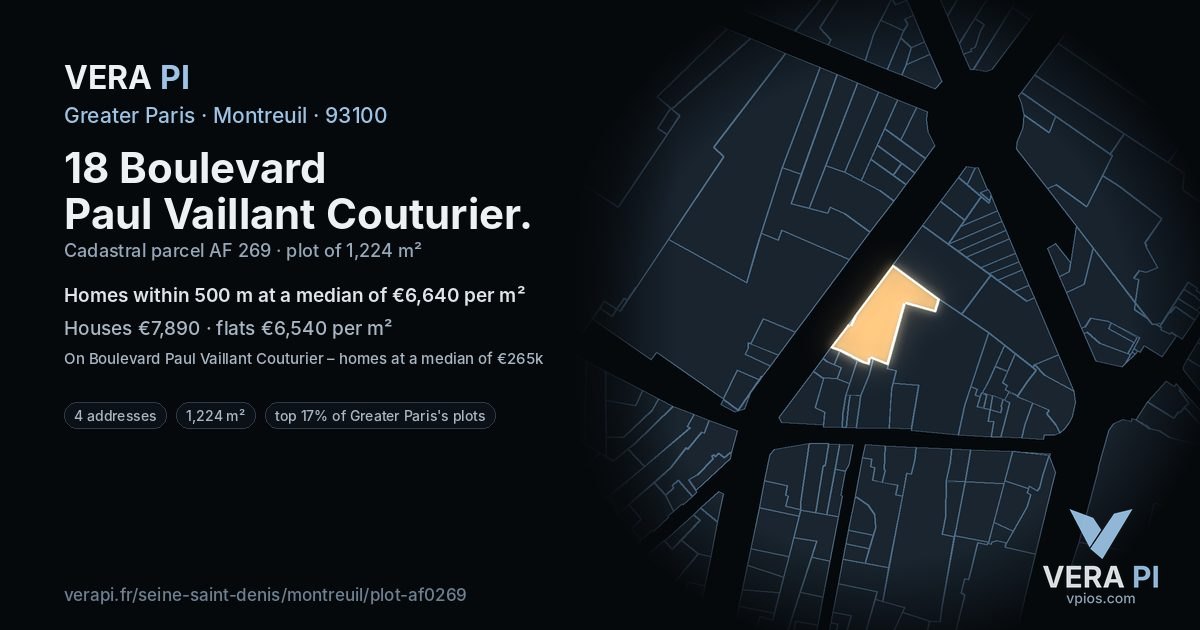 18 Boulevard Paul Vaillant Couturier, Montreuil at night – the plot lit, the parcels around coloured by the prices near them