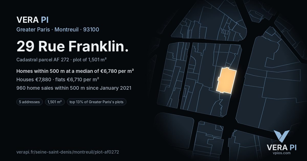 29 Rue Franklin, Montreuil at night – the plot lit, the parcels around coloured by the prices near them