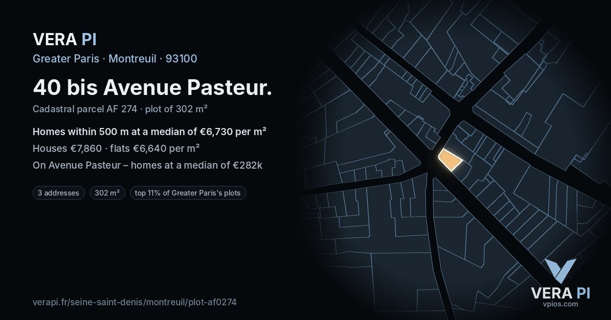 40 bis Avenue Pasteur, Montreuil at night – the plot lit, the parcels around coloured by the prices near them