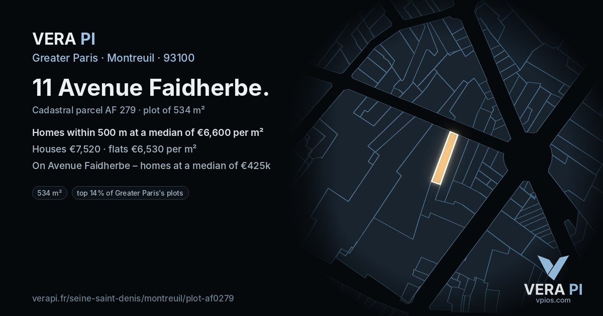 11 Avenue Faidherbe, Montreuil at night – the plot lit, the parcels around coloured by the prices near them