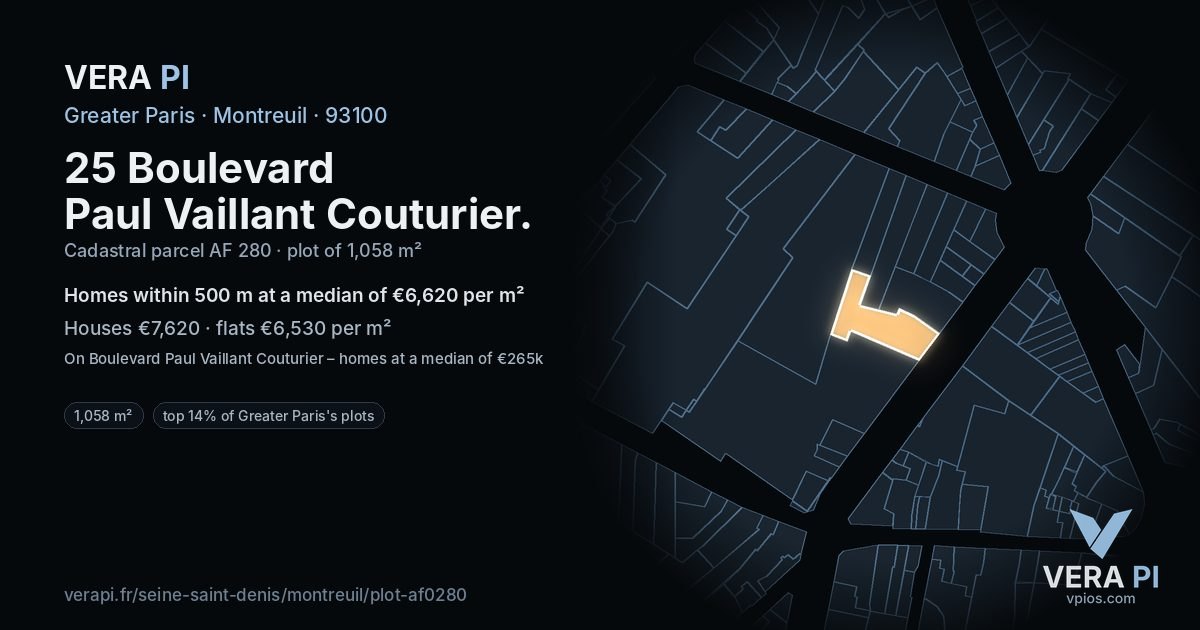 25 Boulevard Paul Vaillant Couturier, Montreuil at night – the plot lit, the parcels around coloured by the prices near them