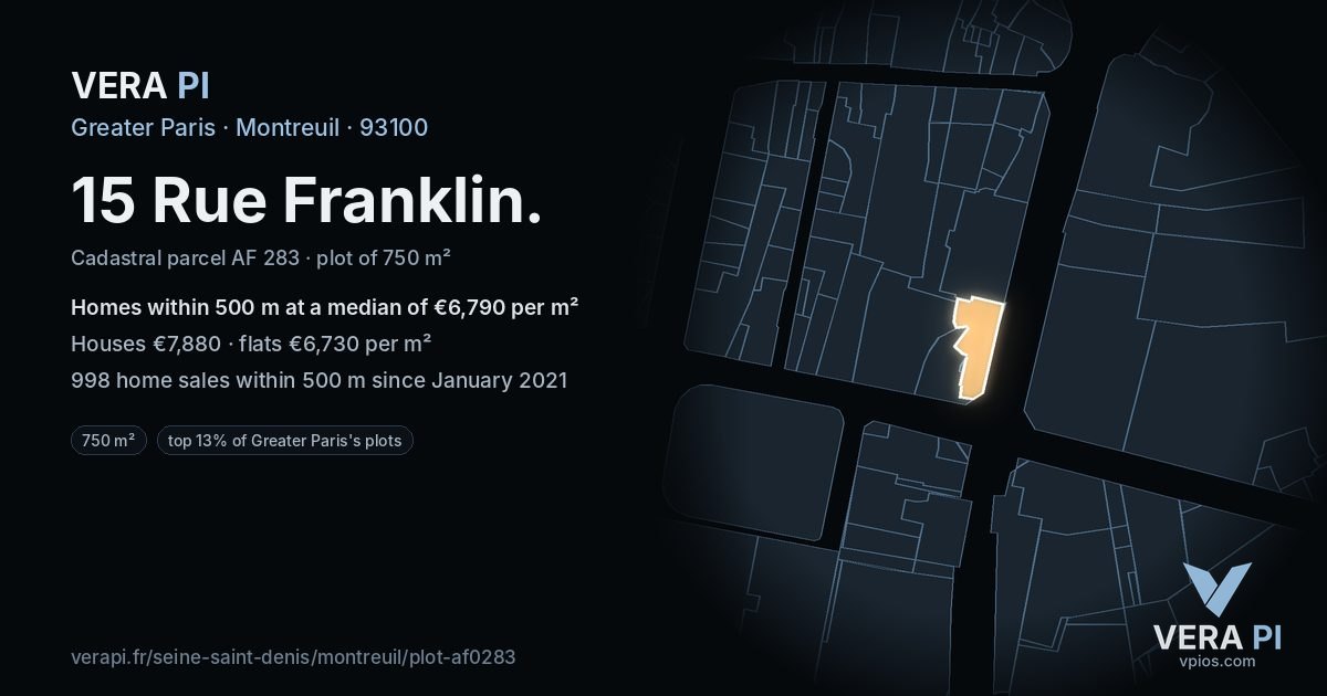 15 Rue Franklin, Montreuil at night – the plot lit, the parcels around coloured by the prices near them