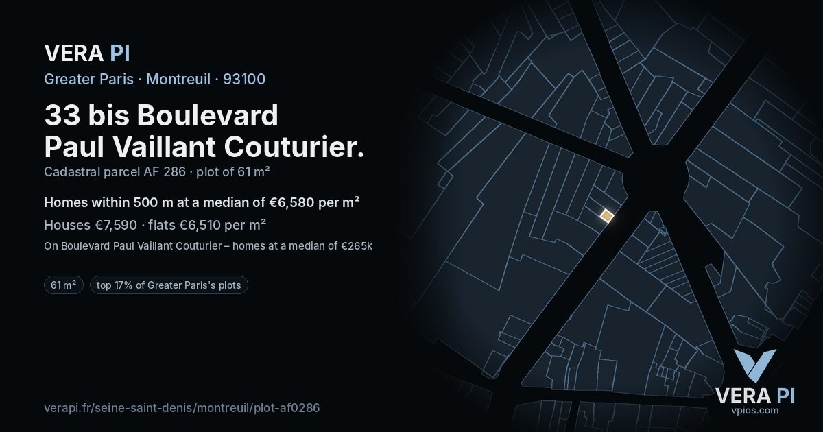 33 bis Boulevard Paul Vaillant Couturier, Montreuil at night – the plot lit, the parcels around coloured by the prices near them