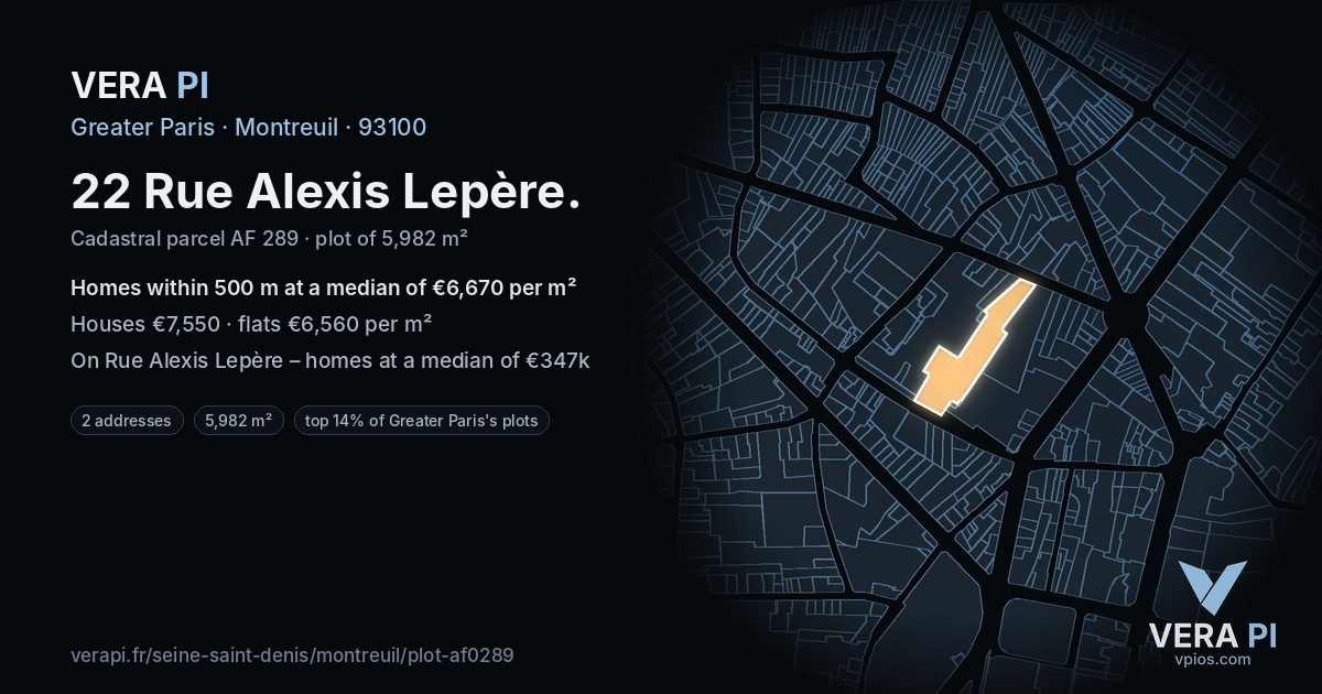 22 Rue Alexis Lepère, Montreuil at night – the plot lit, the parcels around coloured by the prices near them