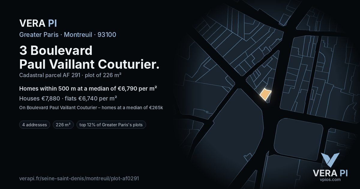 3 Boulevard Paul Vaillant Couturier, Montreuil at night – the plot lit, the parcels around coloured by the prices near them