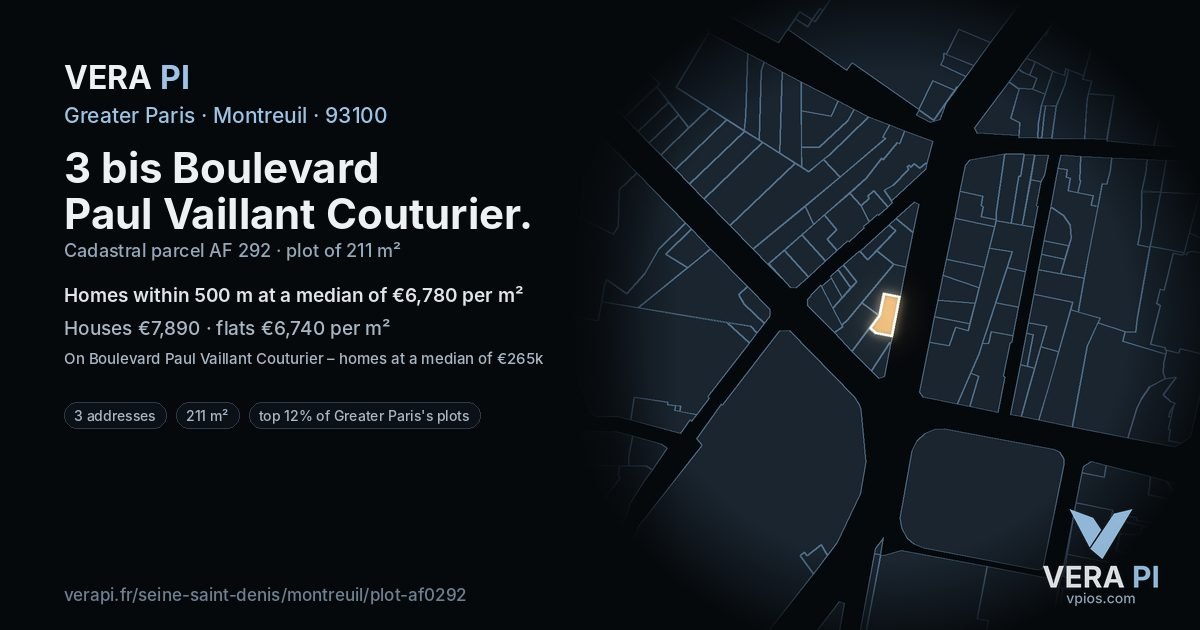 3 bis Boulevard Paul Vaillant Couturier, Montreuil at night – the plot lit, the parcels around coloured by the prices near them
