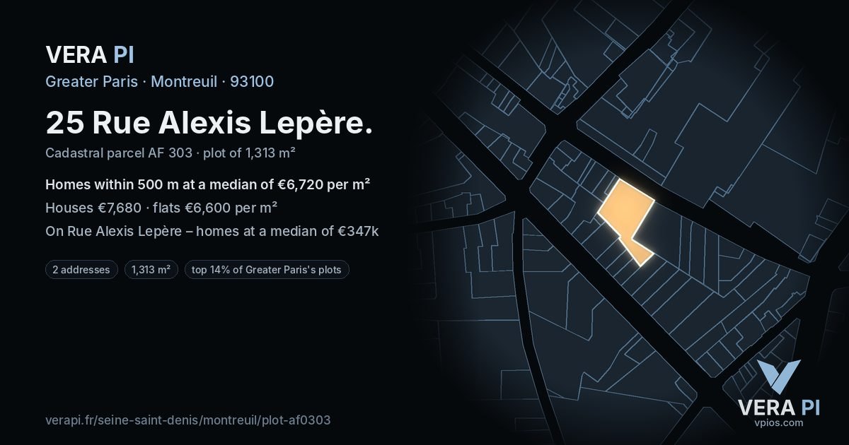25 Rue Alexis Lepère, Montreuil at night – the plot lit, the parcels around coloured by the prices near them