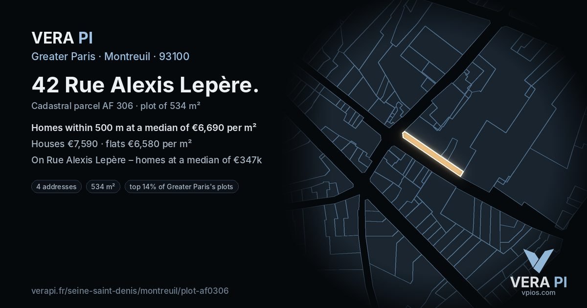 42 Rue Alexis Lepère, Montreuil at night – the plot lit, the parcels around coloured by the prices near them