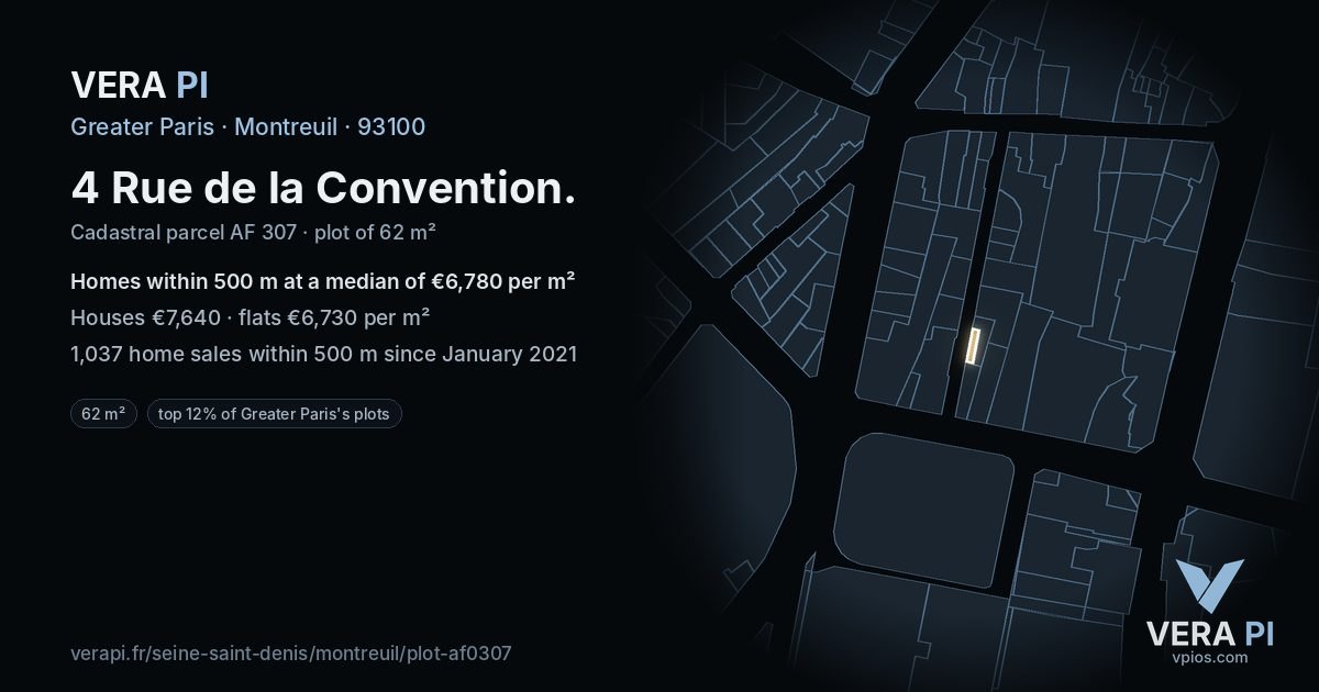 4 Rue de la Convention, Montreuil at night – the plot lit, the parcels around coloured by the prices near them