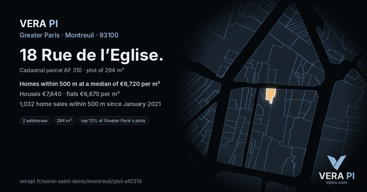 18 Rue de l’Eglise, Montreuil at night – the plot lit, the parcels around coloured by the prices near them