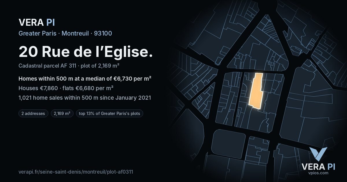 20 Rue de l’Eglise, Montreuil at night – the plot lit, the parcels around coloured by the prices near them