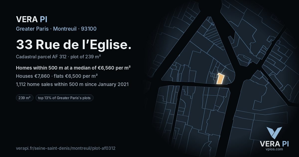 33 Rue de l’Eglise, Montreuil at night – the plot lit, the parcels around coloured by the prices near them