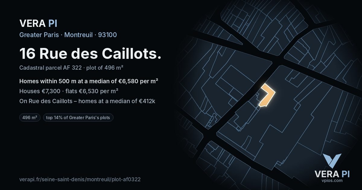 16 Rue des Caillots, Montreuil at night – the plot lit, the parcels around coloured by the prices near them