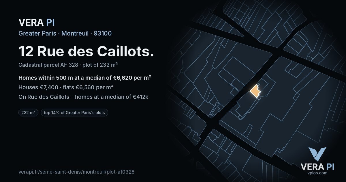 12 Rue des Caillots, Montreuil at night – the plot lit, the parcels around coloured by the prices near them