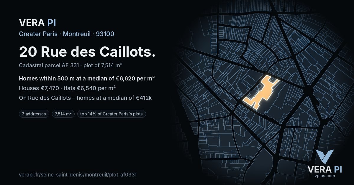 20 Rue des Caillots, Montreuil at night – the plot lit, the parcels around coloured by the prices near them