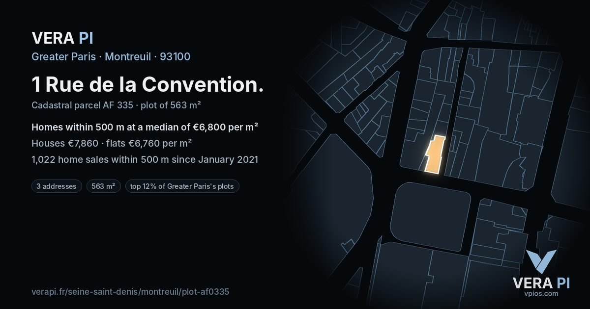 1 Rue de la Convention, Montreuil at night – the plot lit, the parcels around coloured by the prices near them