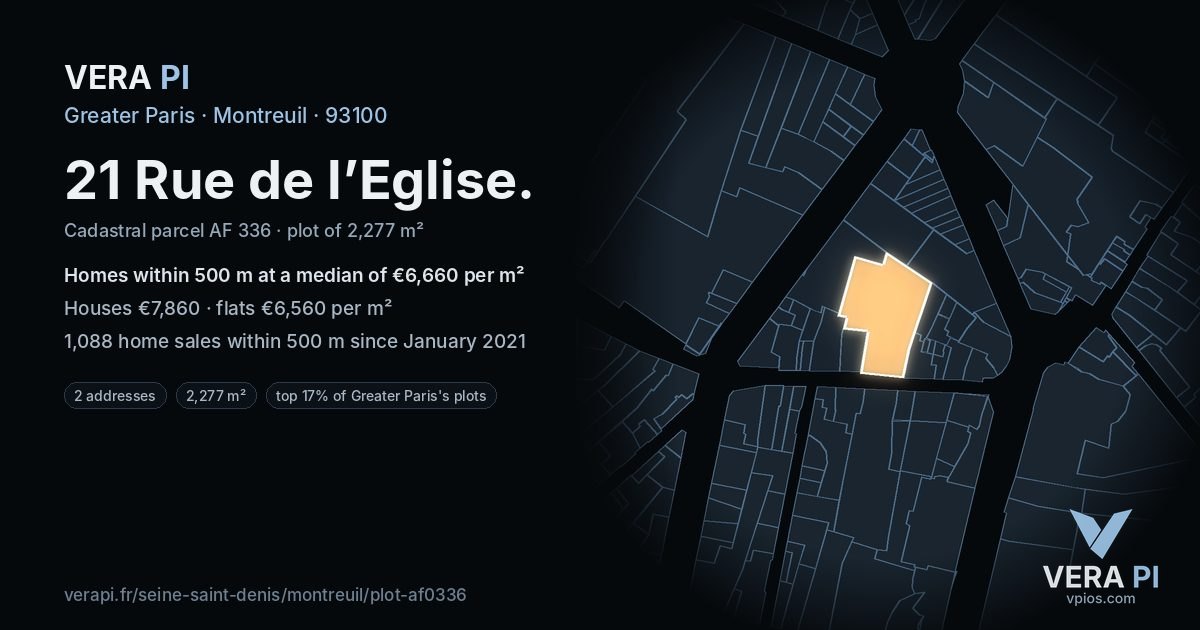 21 Rue de l’Eglise, Montreuil at night – the plot lit, the parcels around coloured by the prices near them