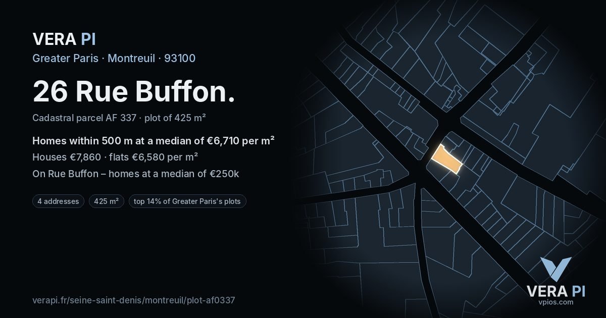 26 Rue Buffon, Montreuil at night – the plot lit, the parcels around coloured by the prices near them