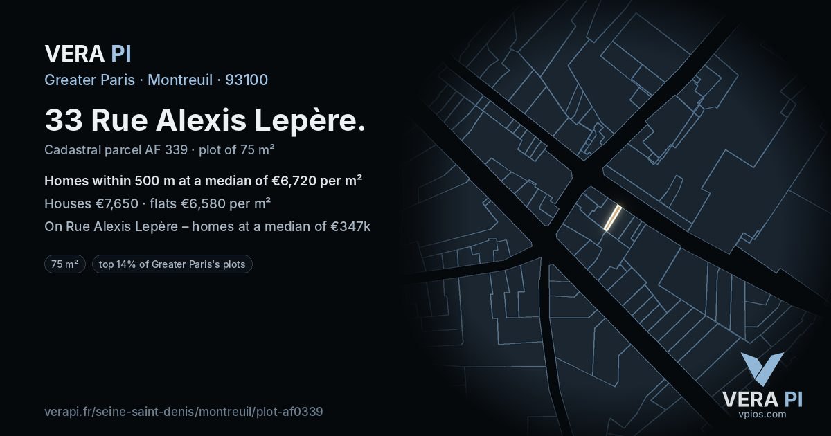 33 Rue Alexis Lepère, Montreuil at night – the plot lit, the parcels around coloured by the prices near them