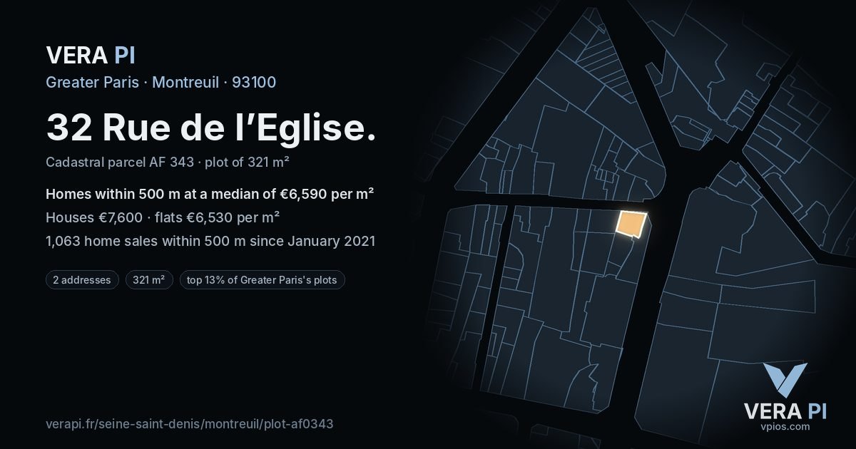 32 Rue de l’Eglise, Montreuil at night – the plot lit, the parcels around coloured by the prices near them