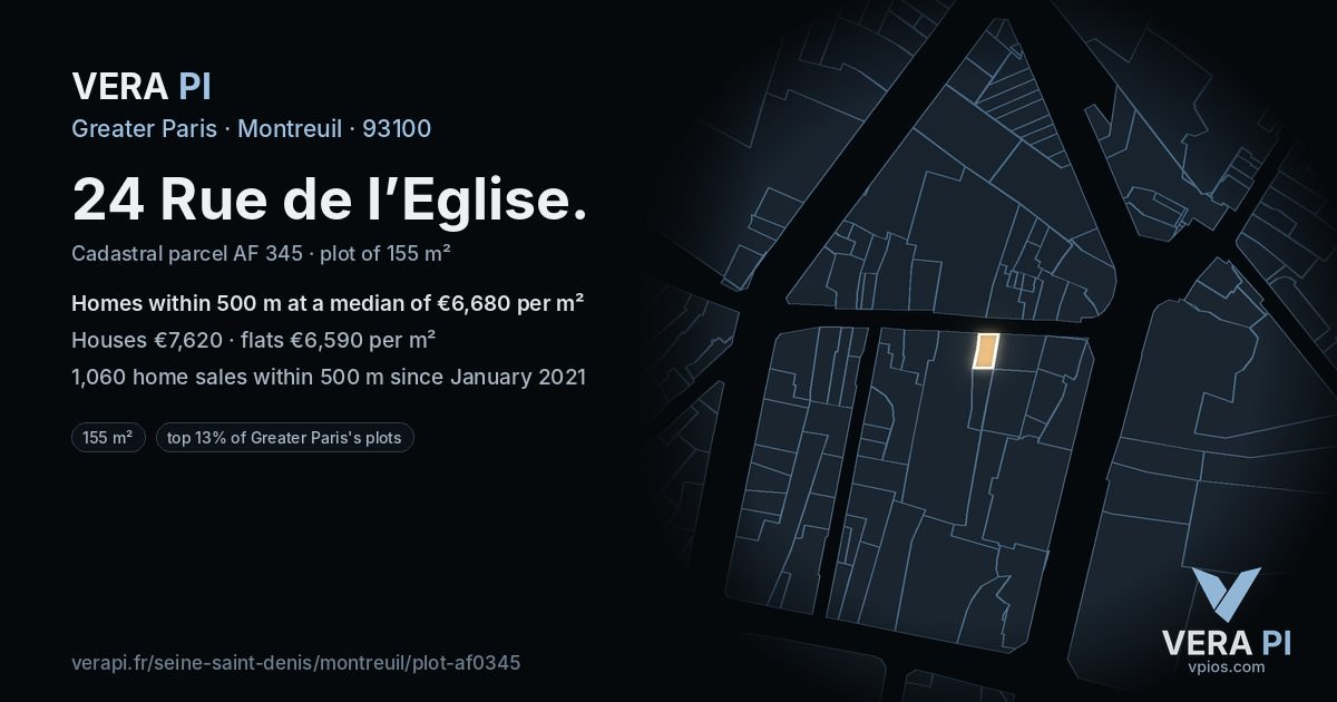 24 Rue de l’Eglise, Montreuil at night – the plot lit, the parcels around coloured by the prices near them