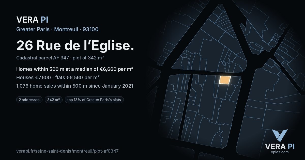 26 Rue de l’Eglise, Montreuil at night – the plot lit, the parcels around coloured by the prices near them